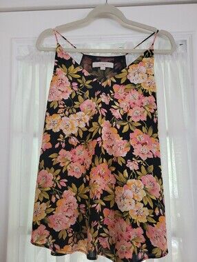 LOFT Black Floral Slip Tank with Pink and Peach Blooms